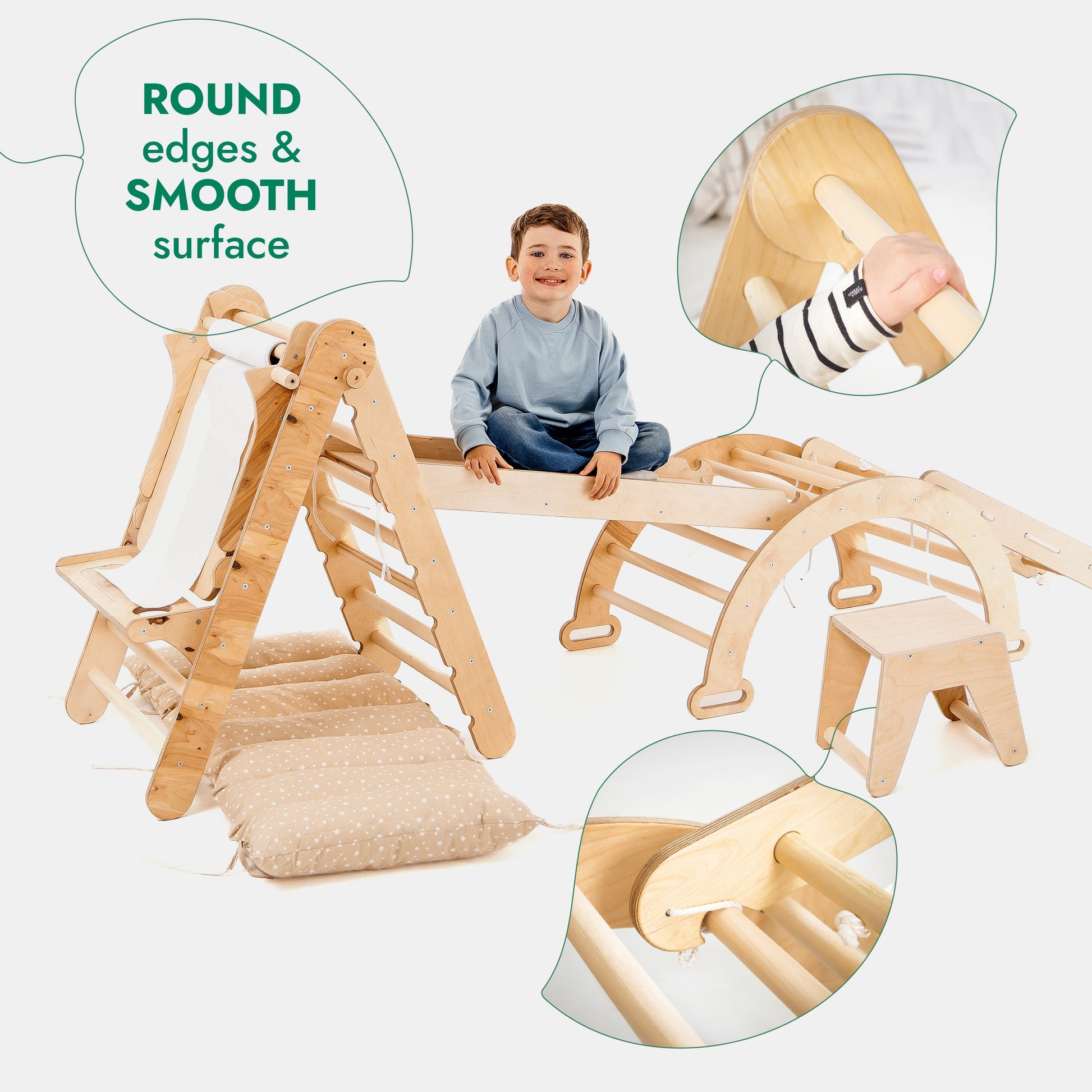 6in1 Montessori Climbing Frame: Pikler Triangle + Climbing Arch + Slide Board + Net + Cushion + Art Addition-3