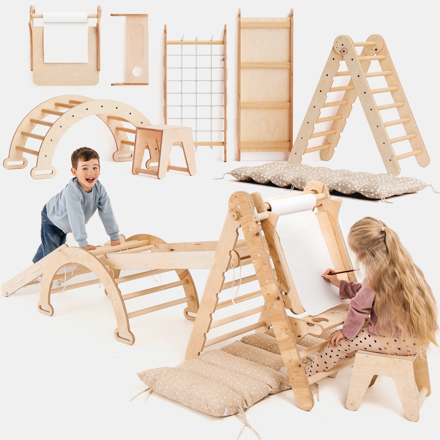 6in1 Montessori Climbing Frame: Pikler Triangle + Climbing Arch + Slide Board + Net + Cushion + Art Addition-0