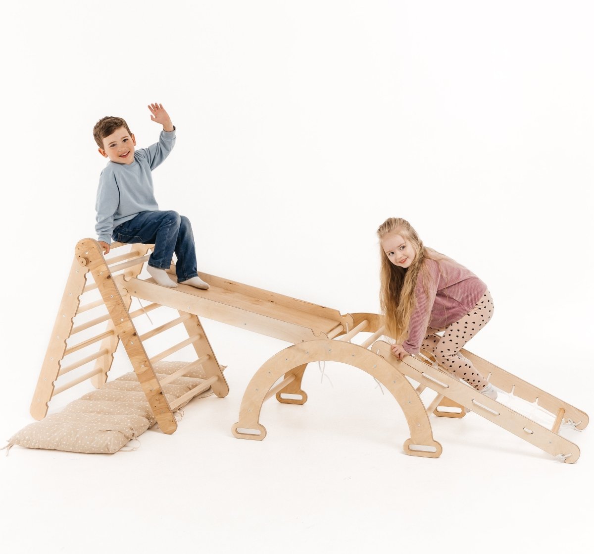 5in1 Montessori Climbing Frame: Pikler Triangle + Arch/Rocker + Slide Board/Ramp + Netting rope + Cushion-0