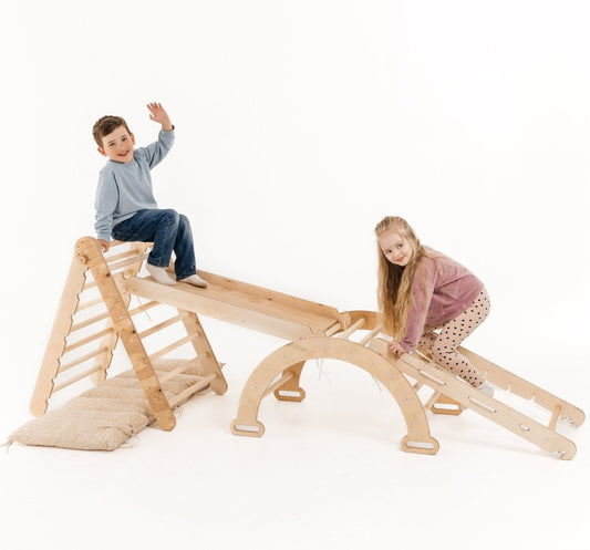 5in1 Montessori Climbing Frame: Pikler Triangle + Arch/Rocker + Slide Board/Ramp + Netting rope + Cushion-0