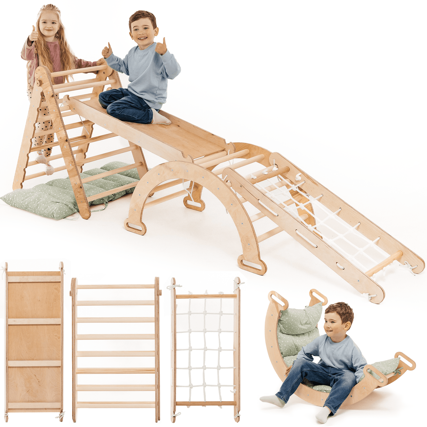 5in1 Montessori Climbing Frame: Pikler Triangle + Arch/Rocker + Slide Board/Ramp + Netting rope + Cushion-5
