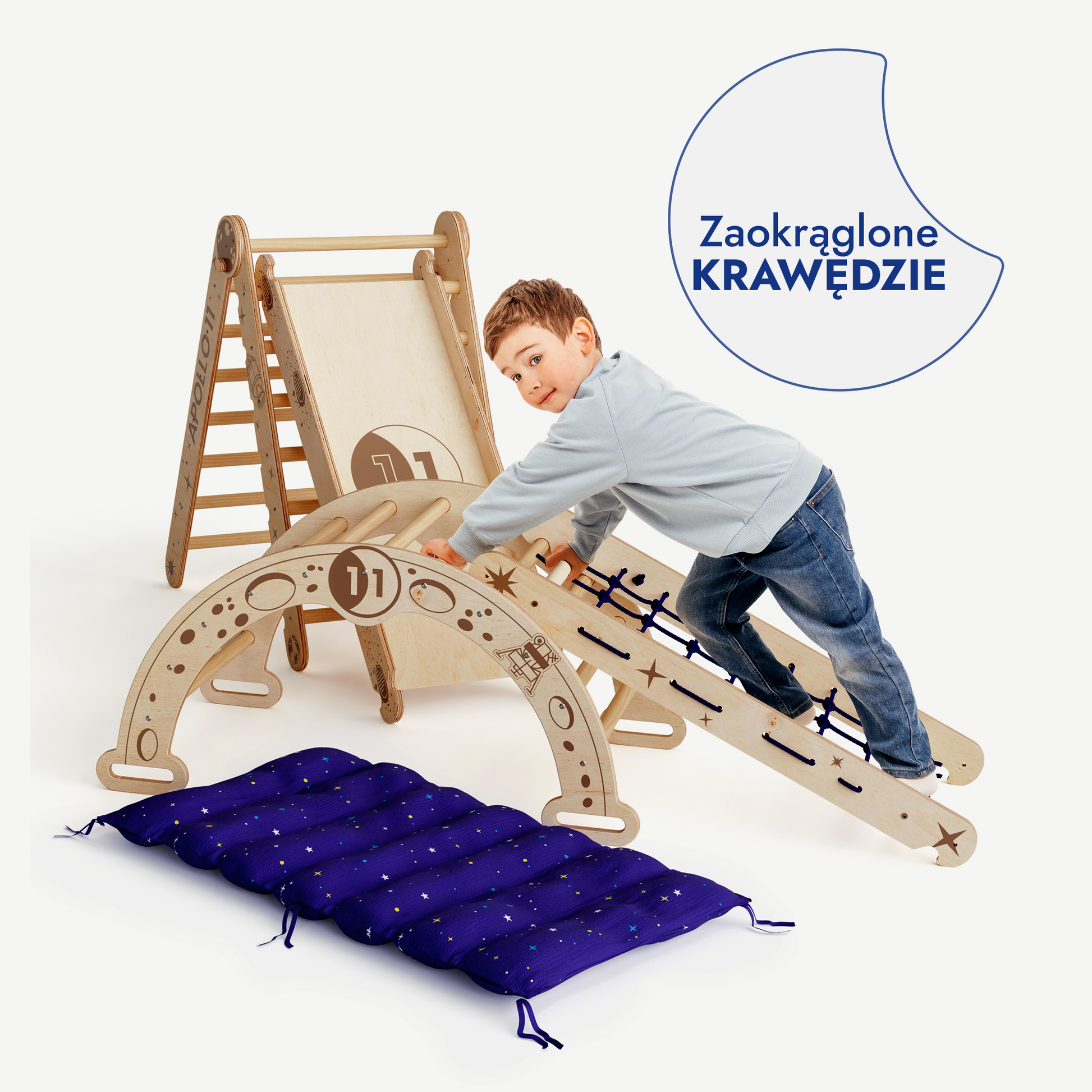 Apollo 5in1 Climbing Set: Pikler Triangle, Net, Arch, Slide Board, and Cushion for Little Astronauts-4
