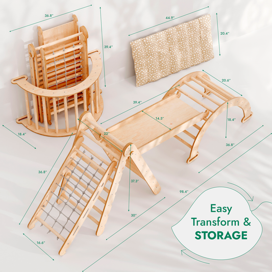 5in1 Montessori Climbing Frame: Pikler Triangle + Arch/Rocker + Slide Board/Ramp + Netting rope + Cushion-1