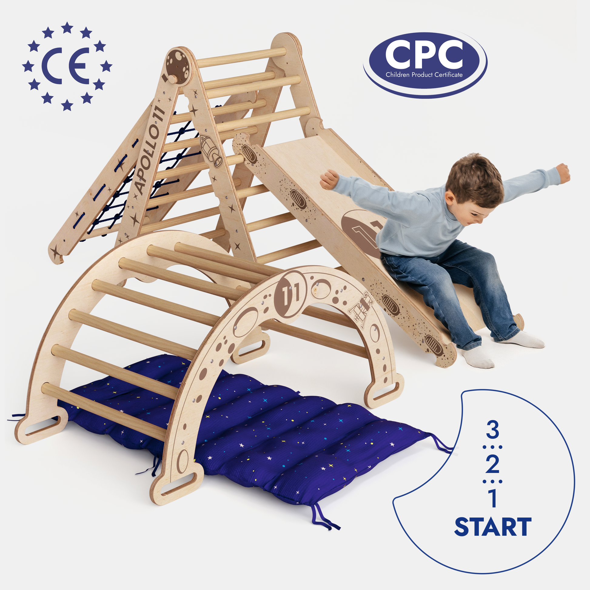 Apollo 5in1 Climbing Set: Pikler Triangle, Net, Arch, Slide Board, and Cushion for Little Astronauts-2