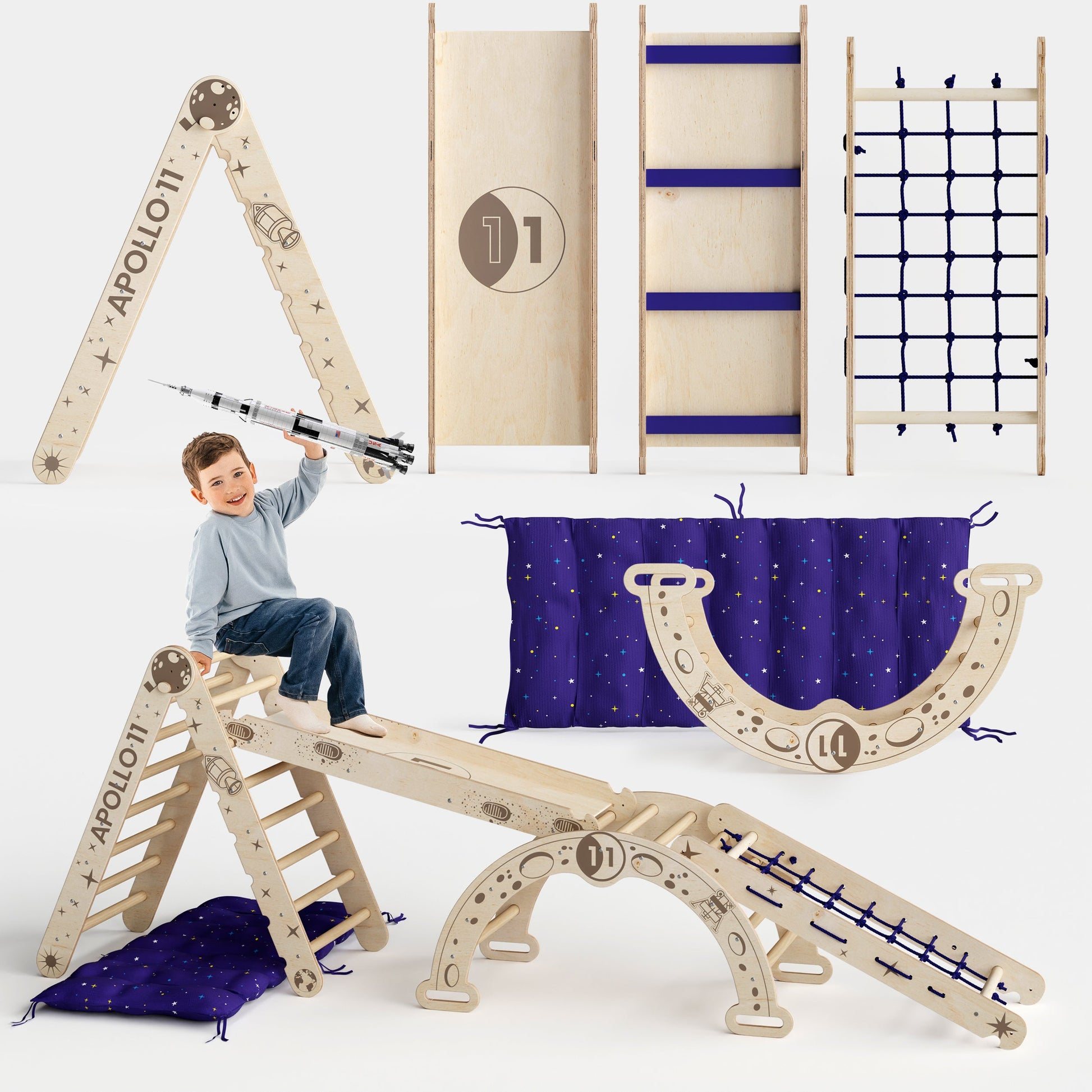 Apollo 5in1 Climbing Set: Pikler Triangle, Net, Arch, Slide Board, and Cushion for Little Astronauts-0