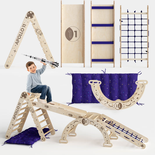 Apollo 5in1 Climbing Set: Pikler Triangle, Net, Arch, Slide Board, and Cushion for Little Astronauts-0