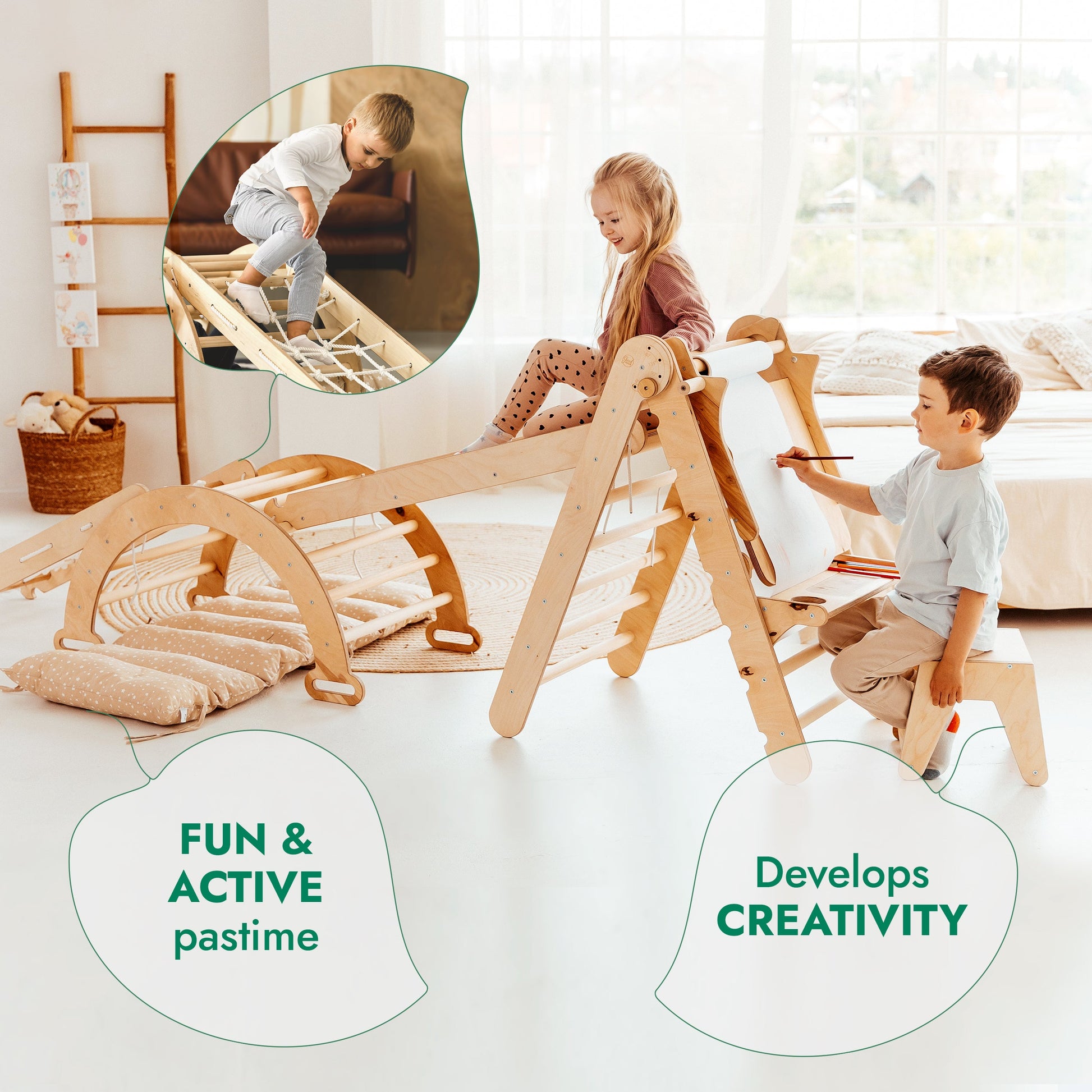 6in1 Montessori Climbing Frame: Pikler Triangle + Climbing Arch + Slide Board + Net + Cushion + Art Addition-4